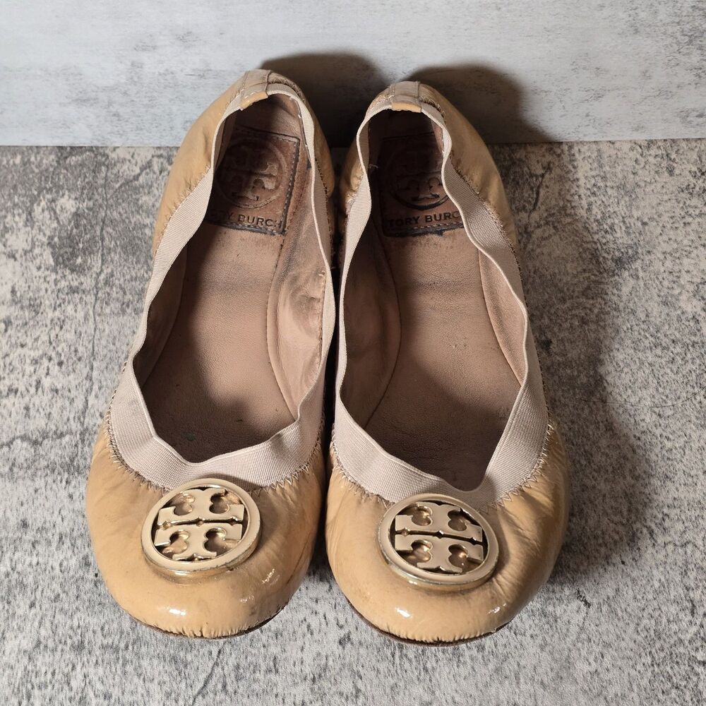 Tory Burch Caroline Patent Leather Ballerina Flats Shoes Nude Beige Size 6.5